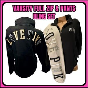 NEW VICTORIAS SECRET PINK VARSITY FULL ZIP SWEATSHIRT & PANTS. 2PC BLING SET